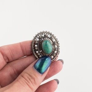 Sterling Silver Israel Eilat Green Stone White Pearl Filigree Pendant Brooch Pin